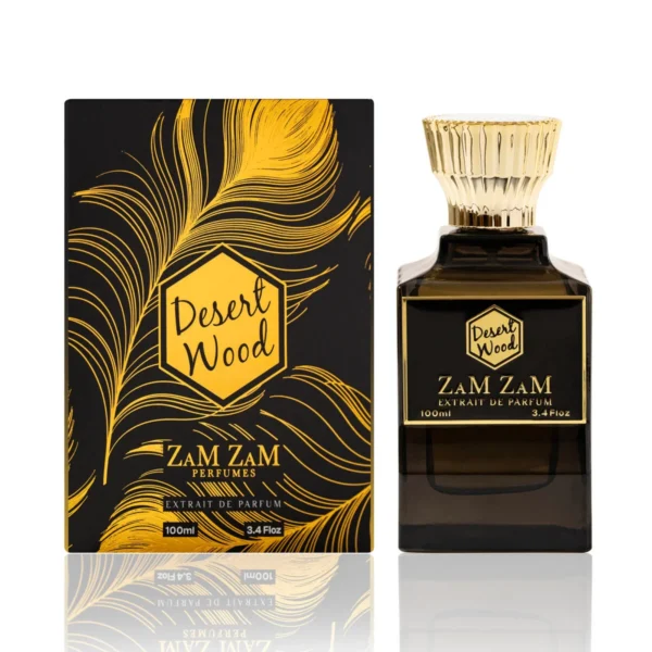 DESERT WOOD 100ml perfume bottle close-up showing woody oriental fragrance by ZamZam Perfumes with 36-48 hour longevity and authentic oud notes